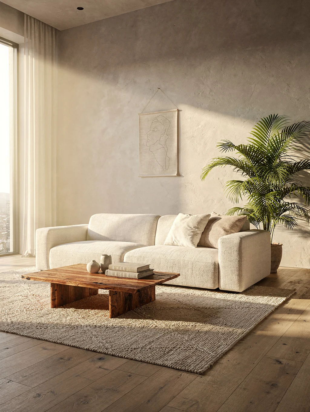 Luxury living room with floor-to-ceiling windows and gold accents