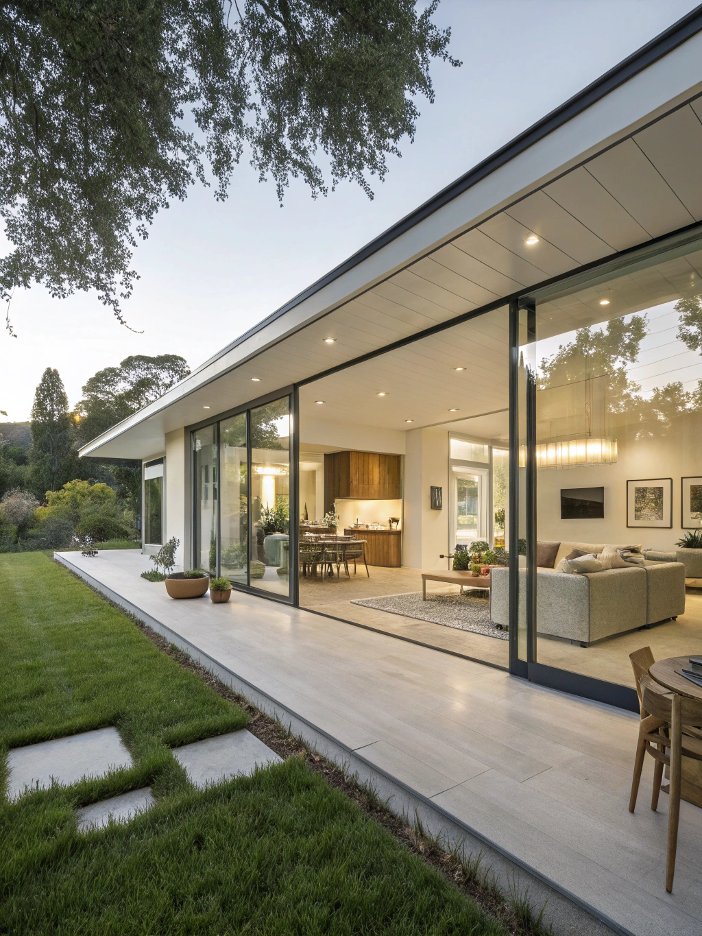 Minimalist modern home with clean lines and warm lighting