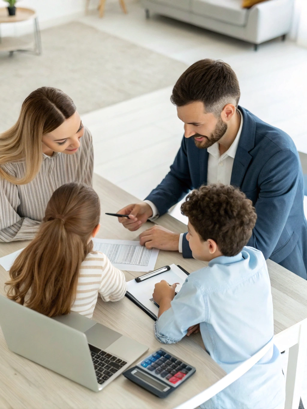 REALTOR consulting with homeowners at a bright kitchen table reviewing selling strategies