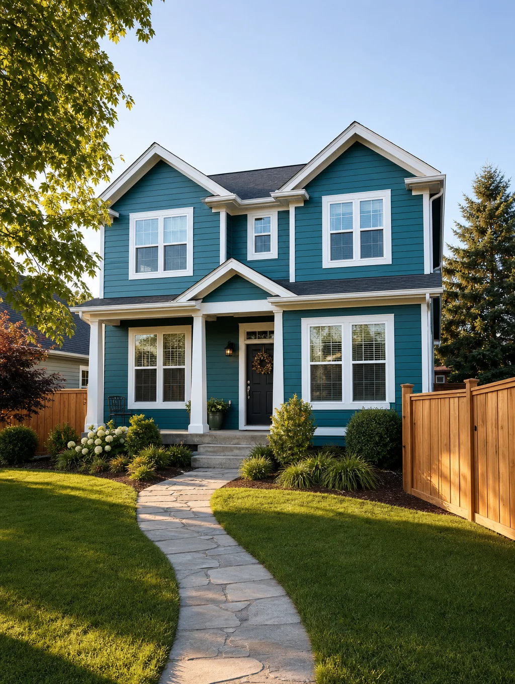 Elegant suburban home with manicured lawn and navy trim